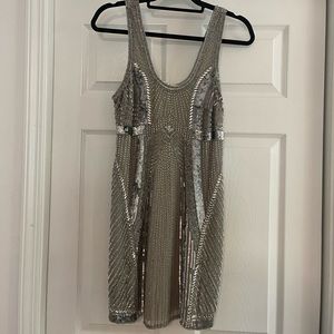 Parker Taupe and Silver Beading Mini Cocktail Dress